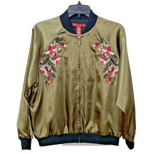 Saks Fifth Avenue Bomber Jacket Pink Embroidered Floral Olive Green Size M READ